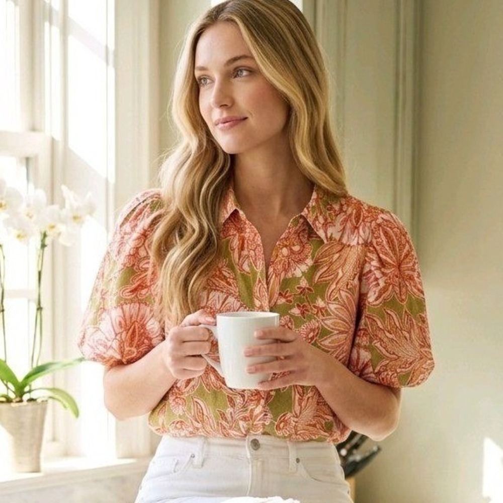 Bagatelle Collection Shirt Floral Puff Sleeve‎ Cotton Stretch Boho Large